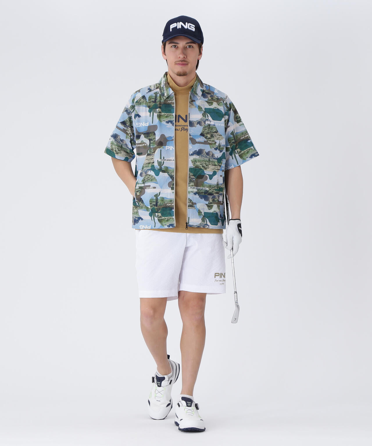 【PING APPAREL】全方向ストレッチサッカー半袖フルジップシャツ ＜NATIVE＞ (MENS)