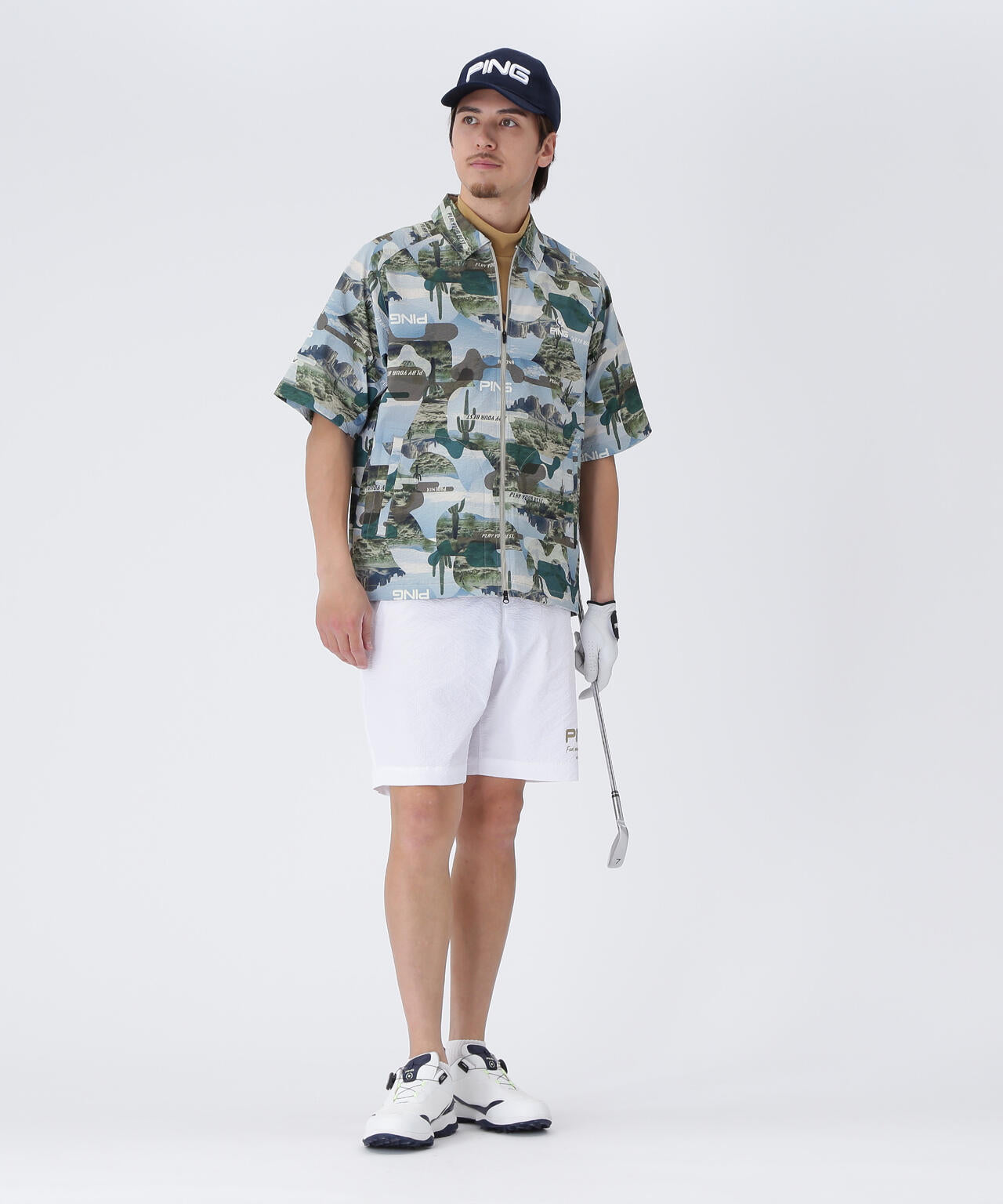 【PING APPAREL】全方向ストレッチサッカー半袖フルジップシャツ ＜NATIVE＞ (MENS)