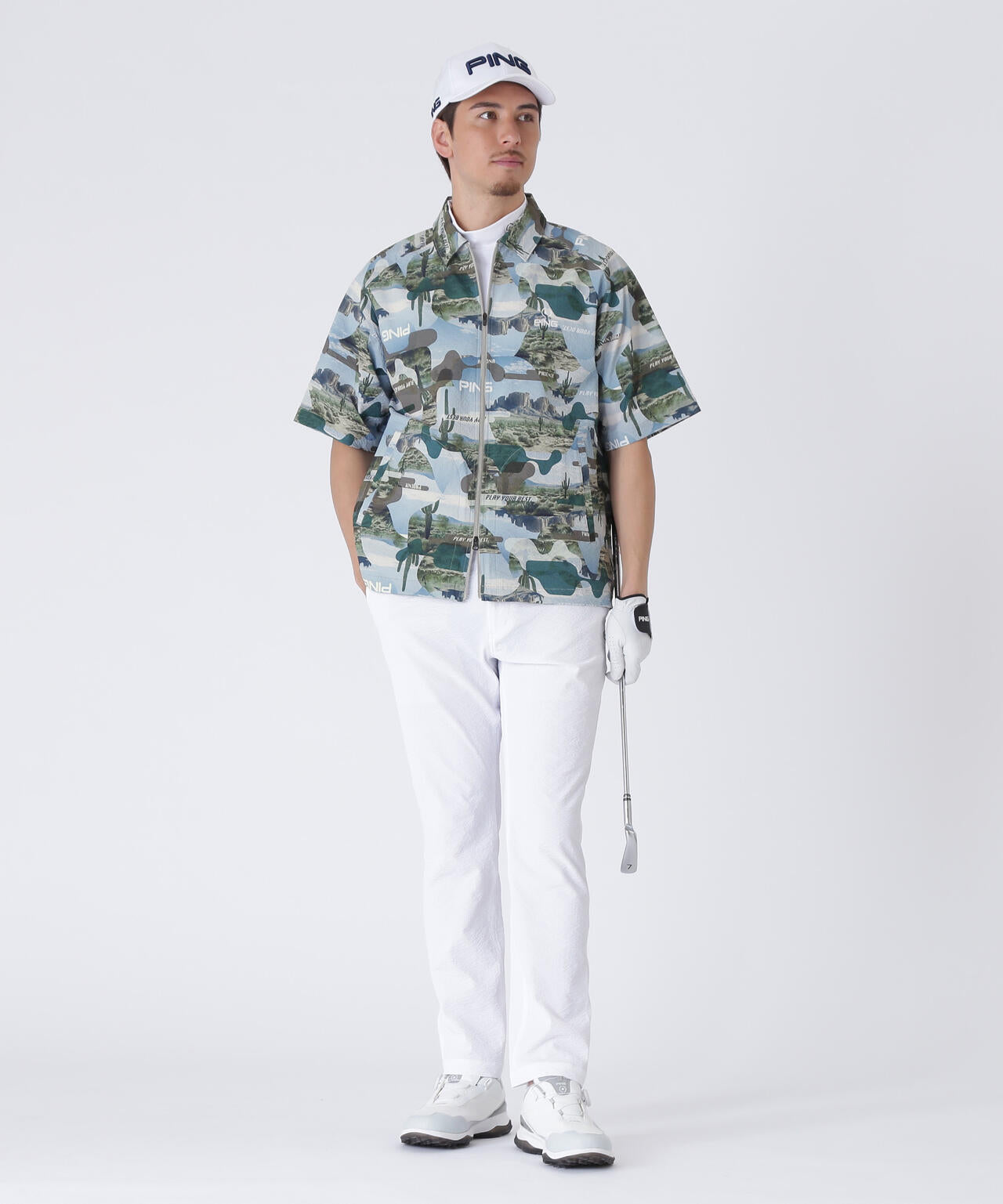 【PING APPAREL】全方向ストレッチサッカー半袖フルジップシャツ ＜NATIVE＞ (MENS)