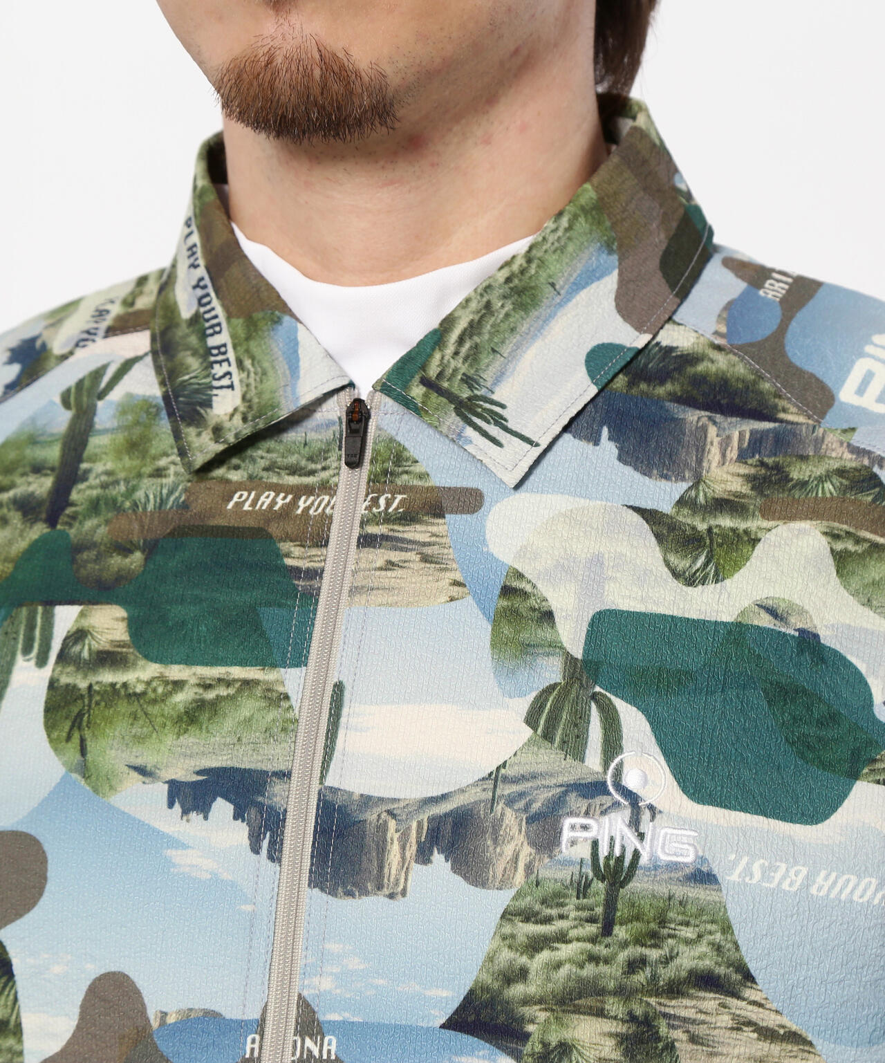 【PING APPAREL】全方向ストレッチサッカー半袖フルジップシャツ ＜NATIVE＞ (MENS)