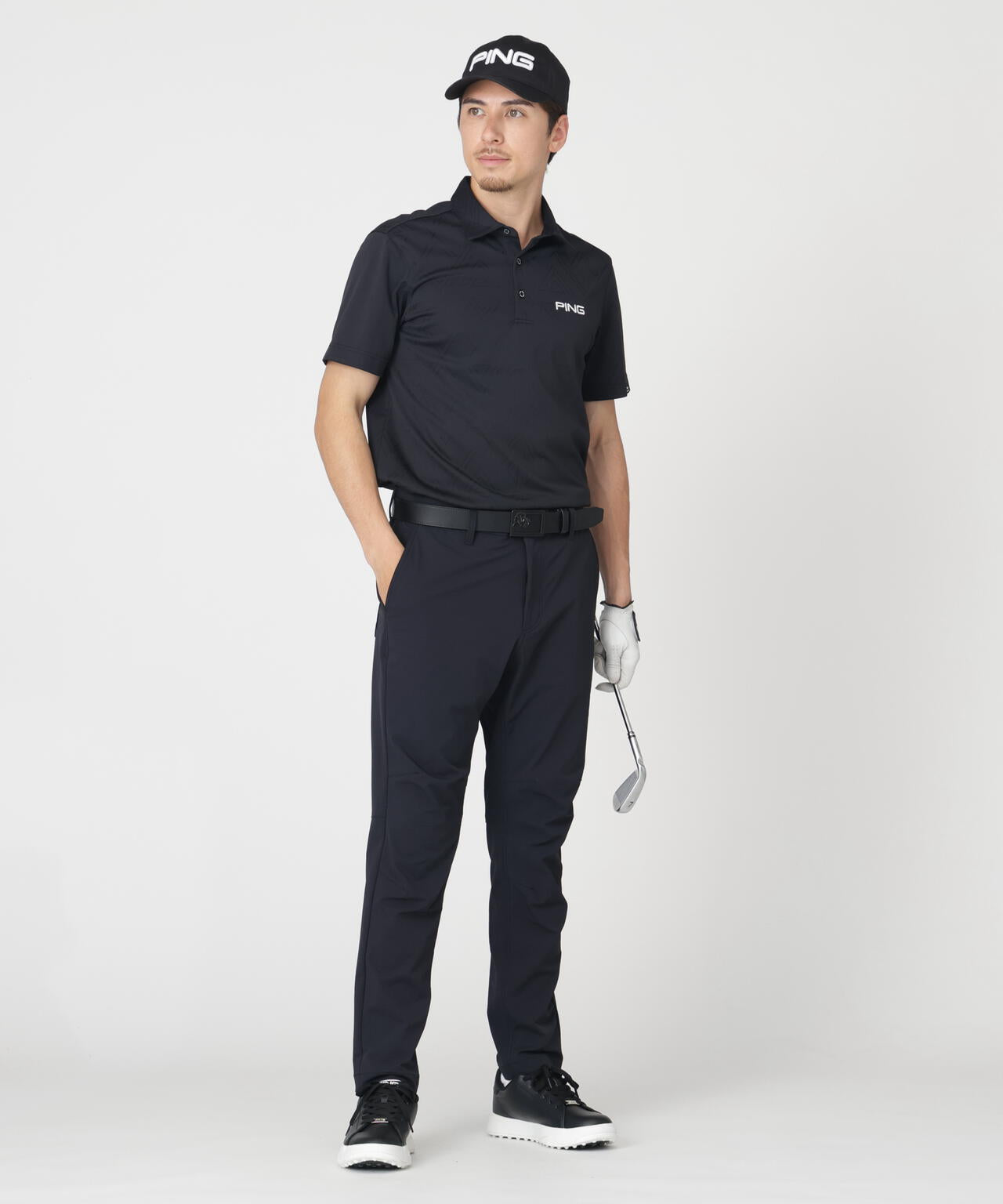 ［PING APPAREL］［吸水速乾・ストレッチ］三角幾何学柄ジャガード半袖ポロシャツ (MENS)