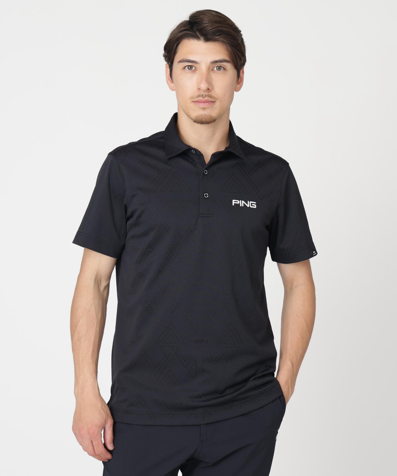 ［PING APPAREL］［吸水速乾・ストレッチ］三角幾何学柄ジャガード半袖ポロシャツ (MENS)