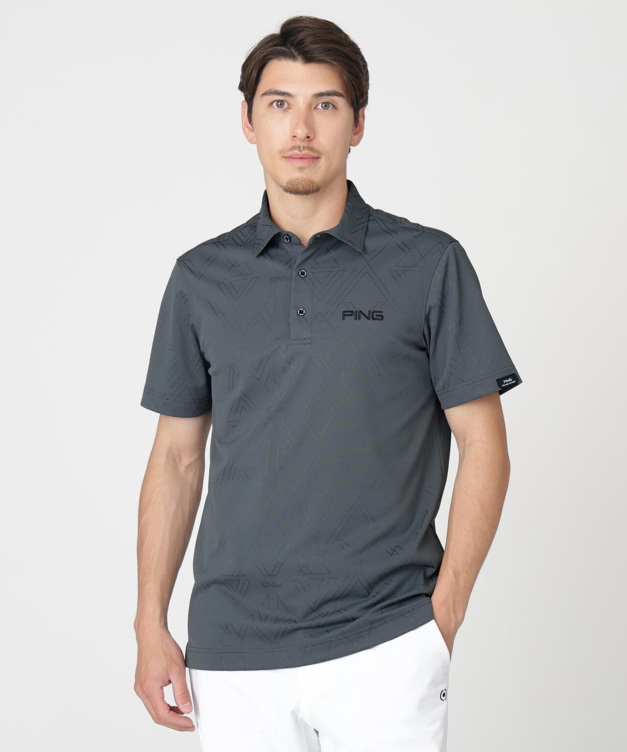 ［PING APPAREL］［吸水速乾・ストレッチ］三角幾何学柄ジャガード半袖ポロシャツ (MENS)