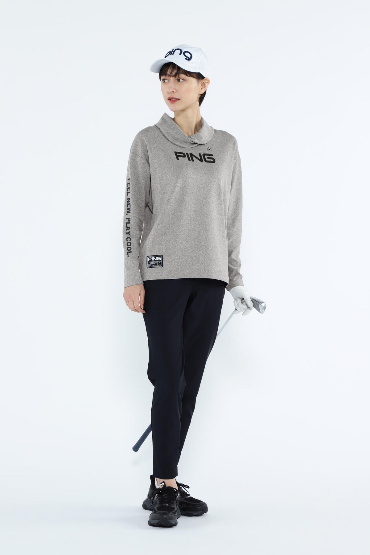 【PING APPAREL】ベアスムースUVハイストレッチ長袖裏フリース変形ハイネックカットソー ＜GOLD＞ (LADIES)
