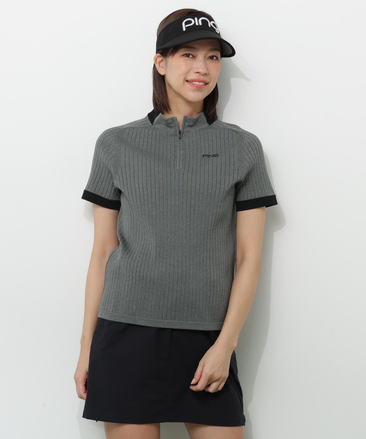 【PING APPAREL】エンボス半袖ニットハーフジップアッププルオーバー ＜GOLD＞ (LADIES)