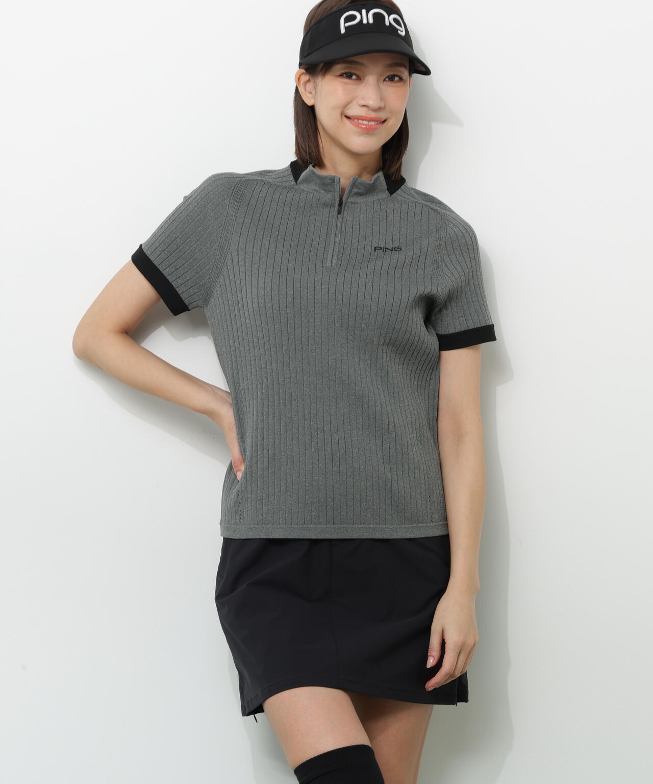 【PING APPAREL】エンボス半袖ニットハーフジップアッププルオーバー ＜GOLD＞ (LADIES)