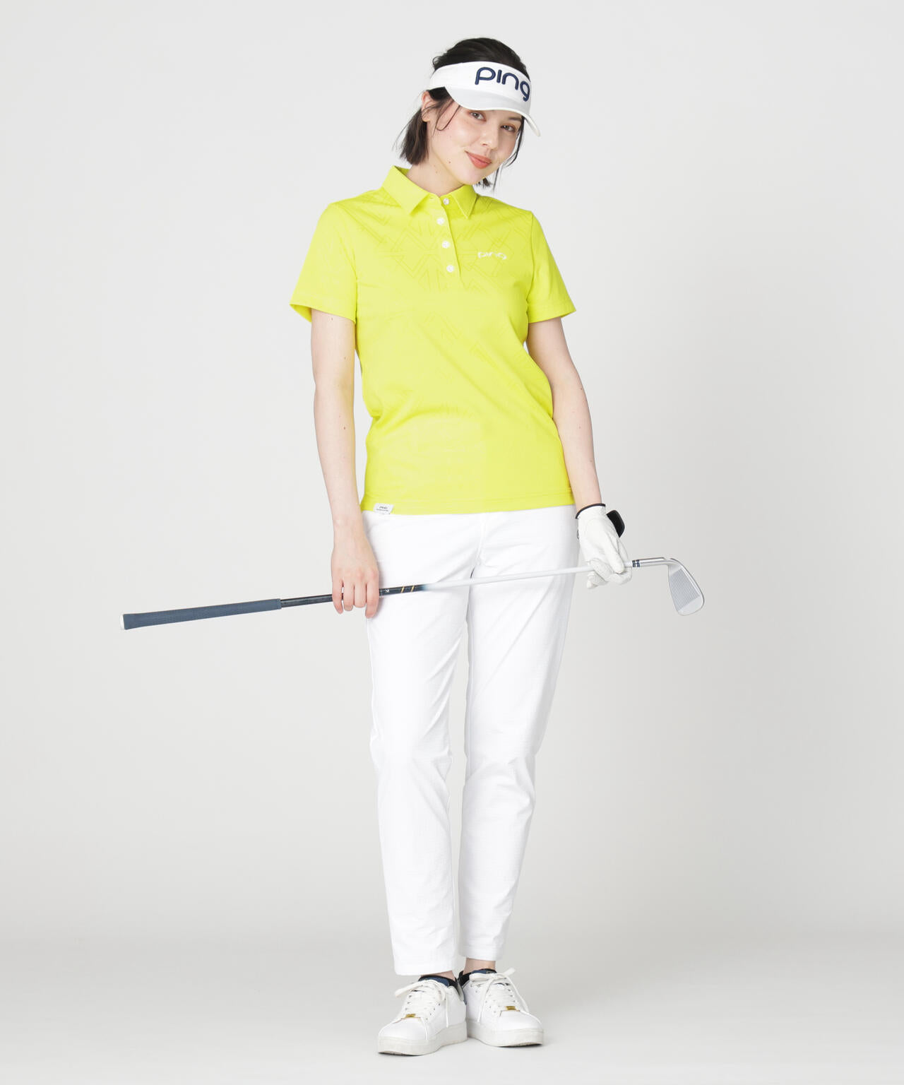 ［PING APPAREL］［吸水速乾・ストレッチ］三角幾何学柄ジャカード半袖ポロシャツ (LADIES)