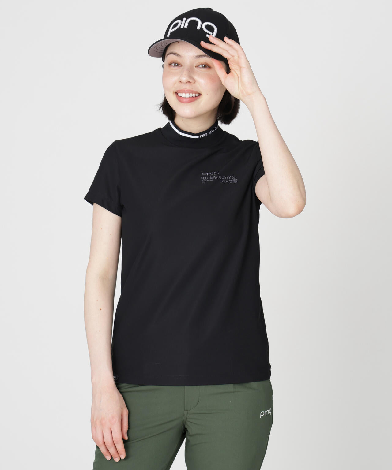 ［PING APPAREL］［接触冷感・UVカット］ワッフルロゴジャカード衿半袖ハイネックシャツ (LADIES)