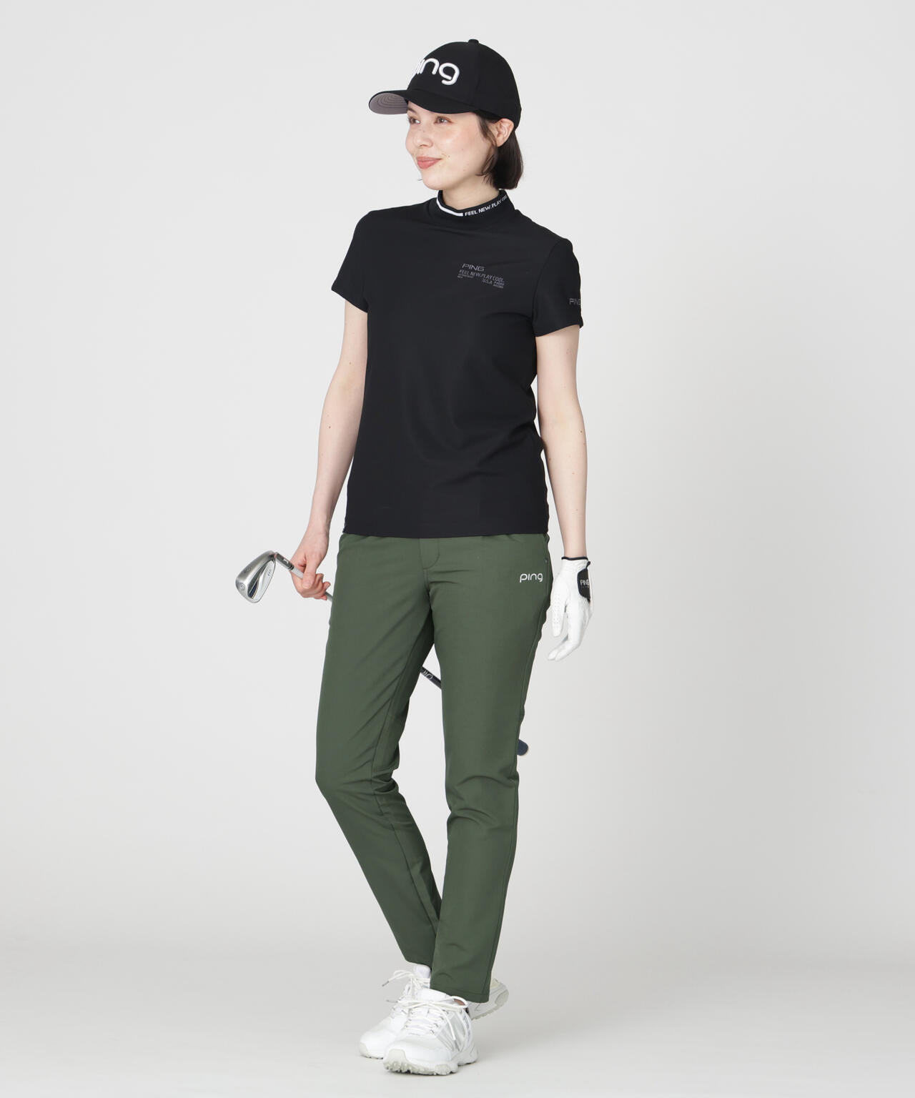 ［PING APPAREL］［接触冷感・UVカット］ワッフルロゴジャカード衿半袖ハイネックシャツ (LADIES)