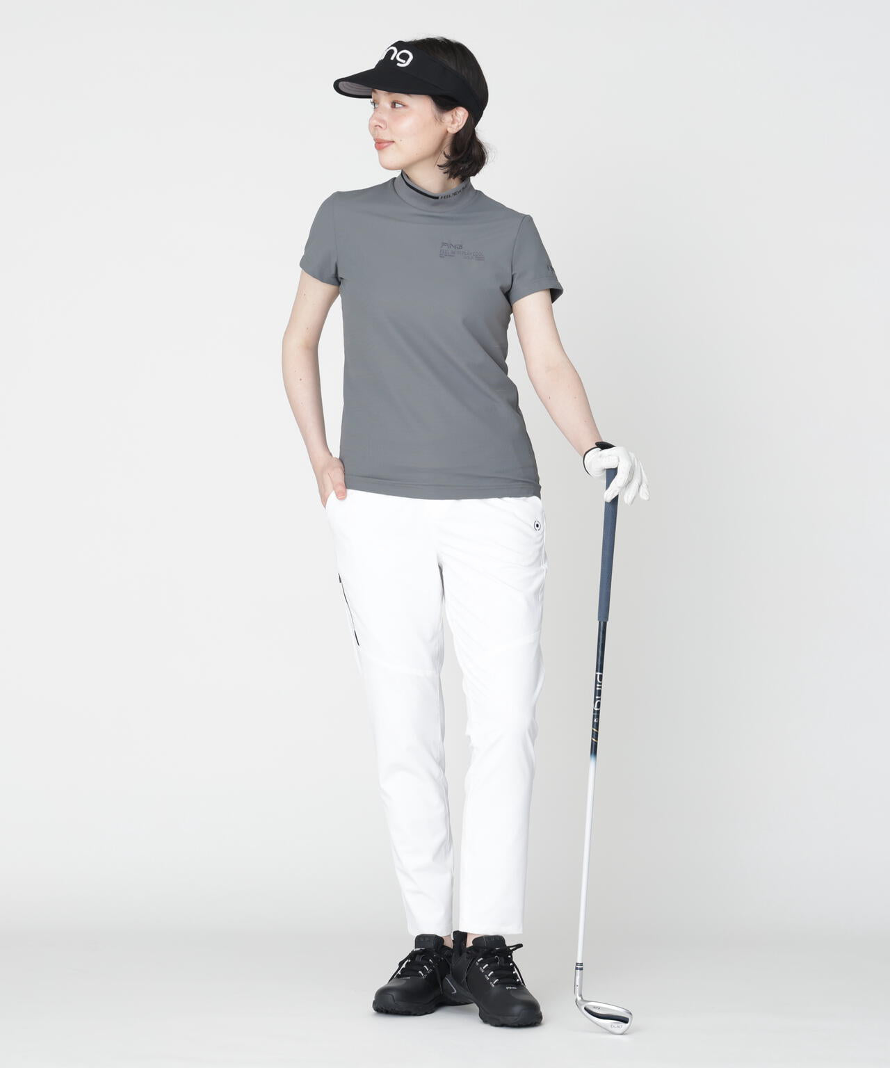 ［PING APPAREL］［接触冷感・UVカット］ワッフルロゴジャカード衿半袖ハイネックシャツ (LADIES)
