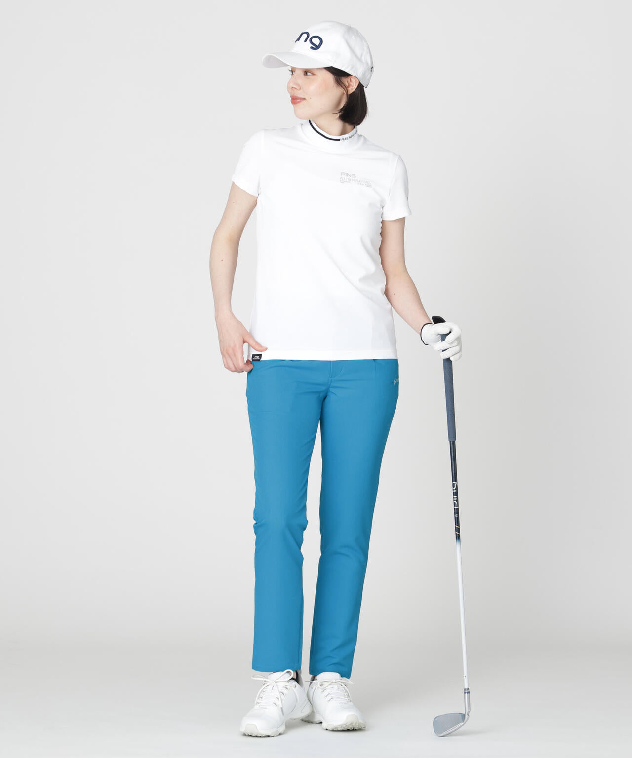 ［PING APPAREL］［接触冷感・UVカット］ワッフルロゴジャカード衿半袖ハイネックシャツ (LADIES)