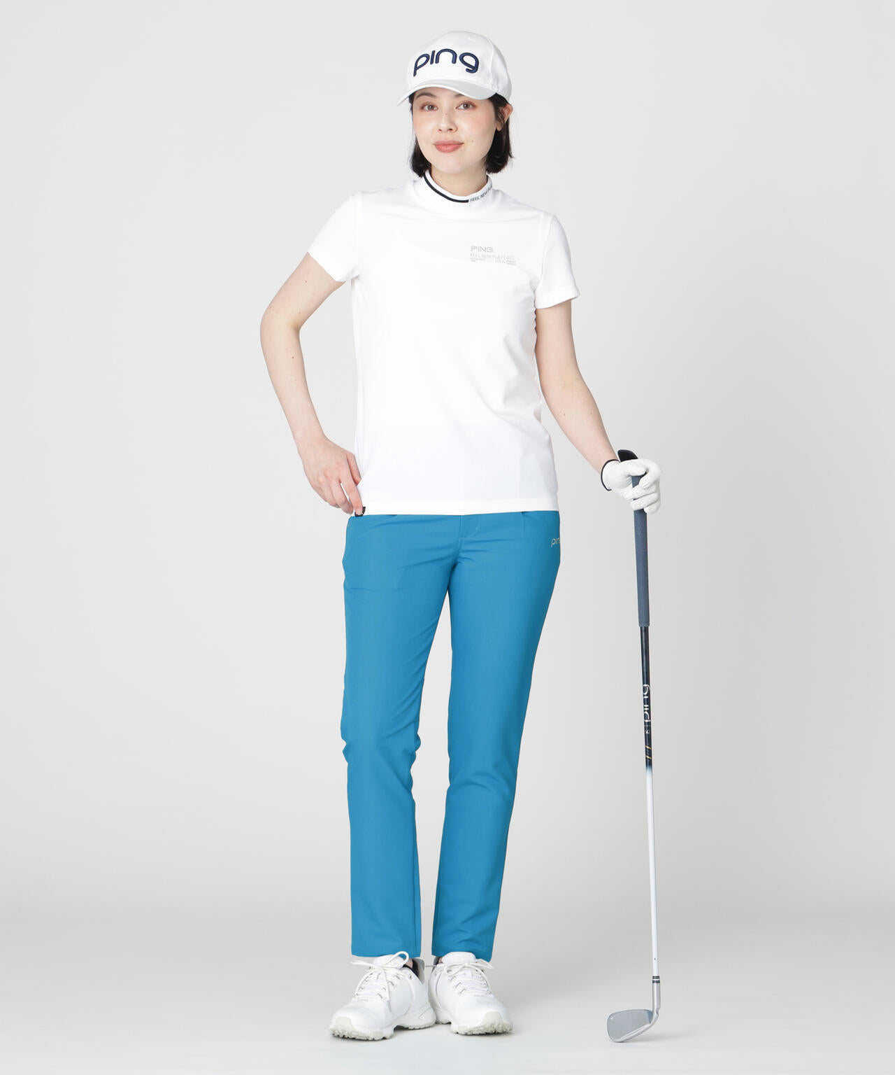 ［PING APPAREL］［接触冷感・UVカット］ワッフルロゴジャカード衿半袖ハイネックシャツ (LADIES)