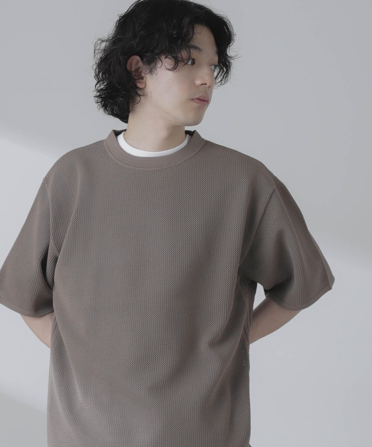 ポリメッシュリラックスクルーネックニットTシャツ