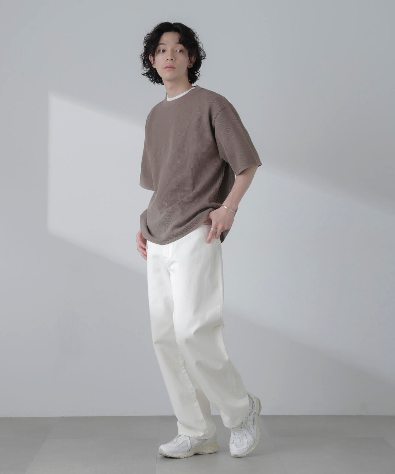 ポリメッシュリラックスクルーネックニットTシャツ