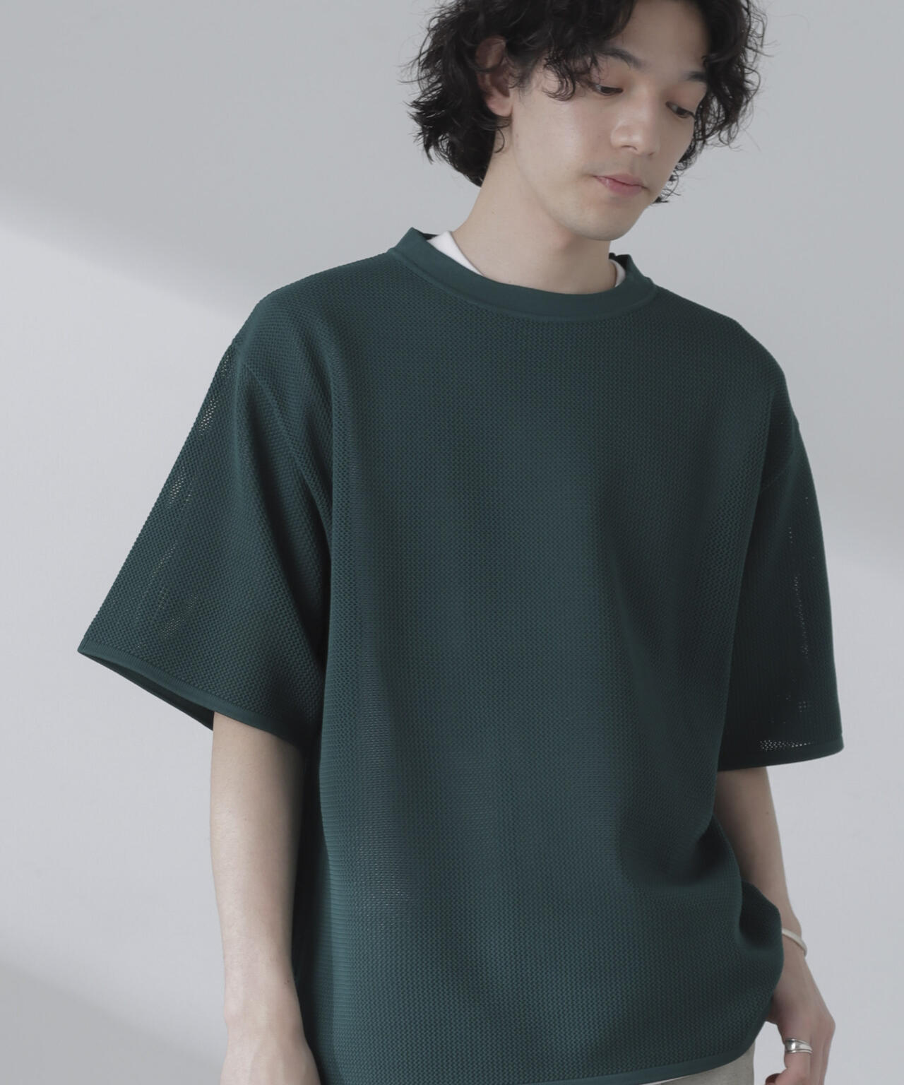 ポリメッシュリラックスクルーネックニットTシャツ