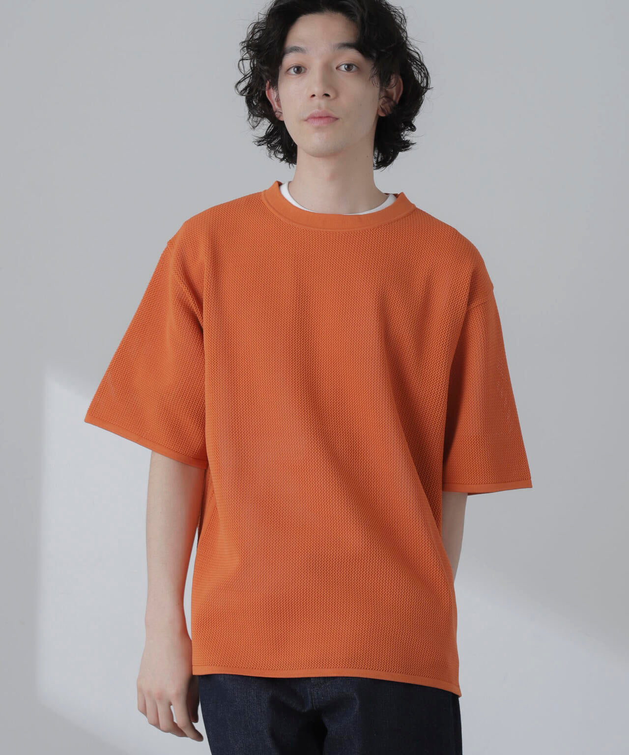ポリメッシュリラックスクルーネックニットTシャツ