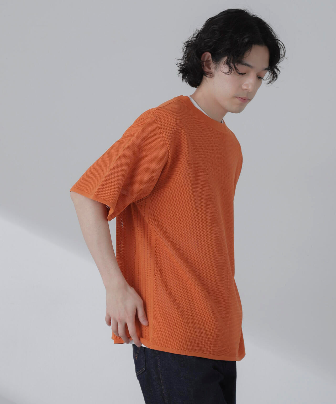 ポリメッシュリラックスクルーネックニットTシャツ