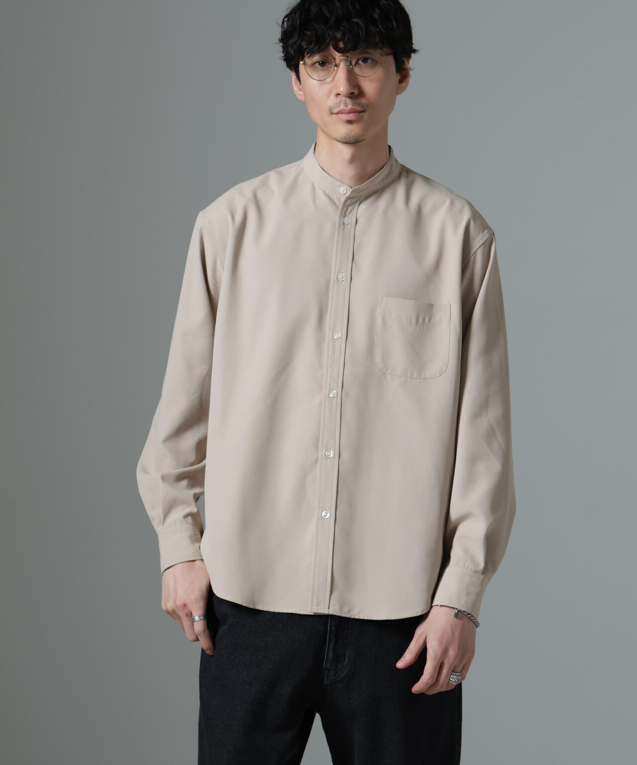 AMATA コットンタッチバンドカラーシャツ