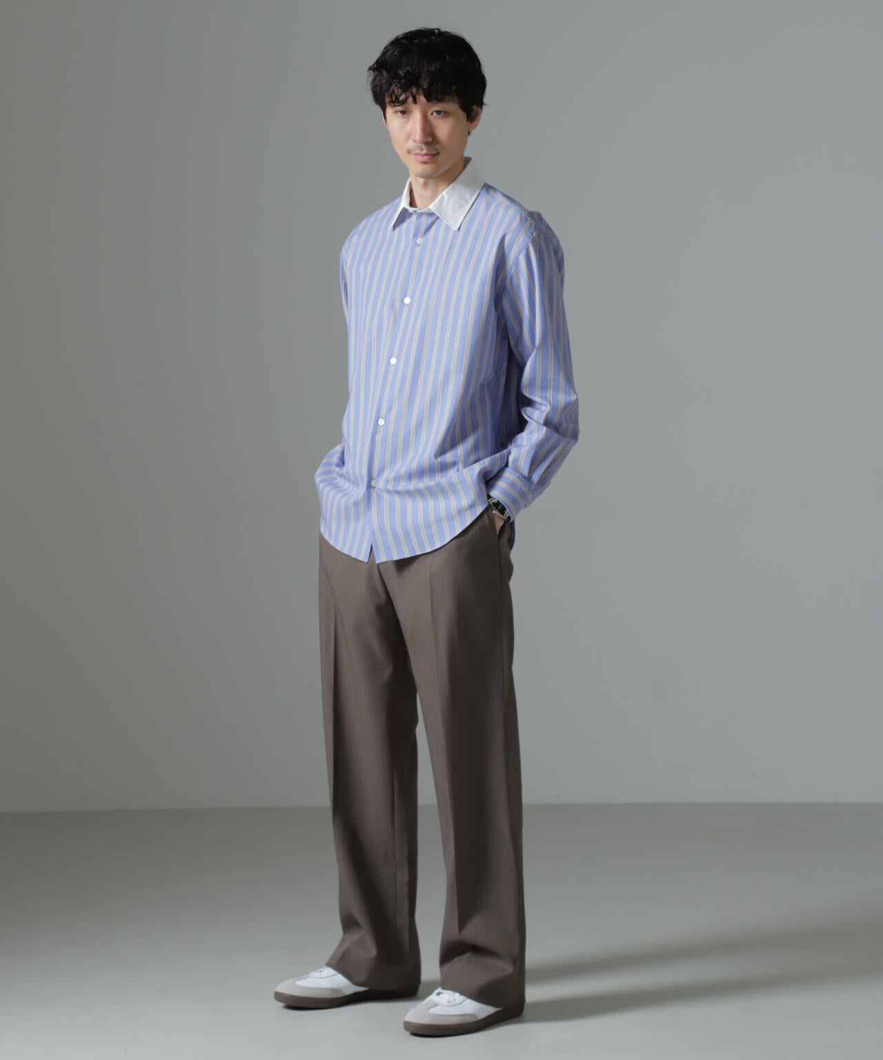 セミワイドストライプクレリックシャツ