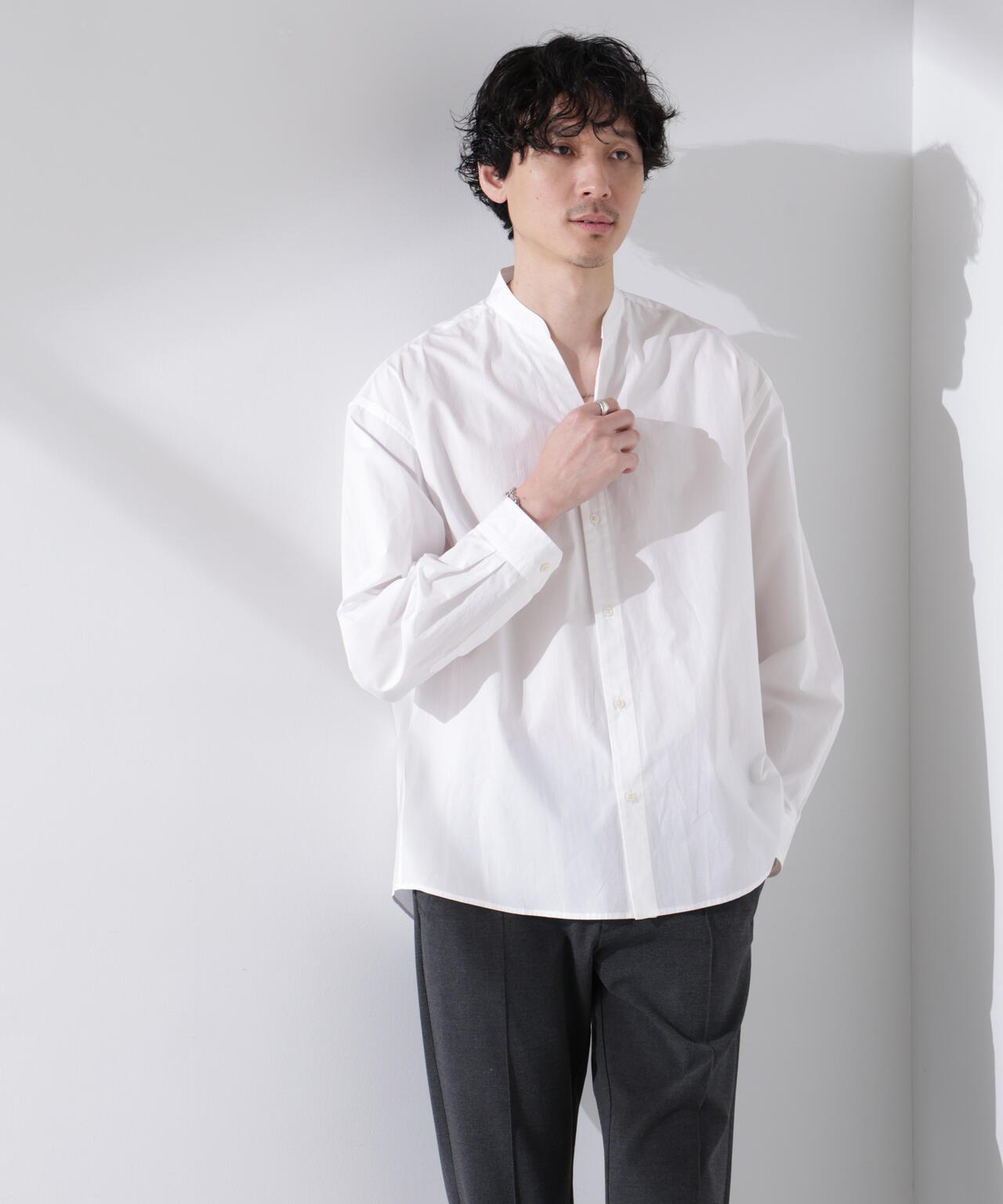 「大人のワイドシャツ」バンドカラー 長袖