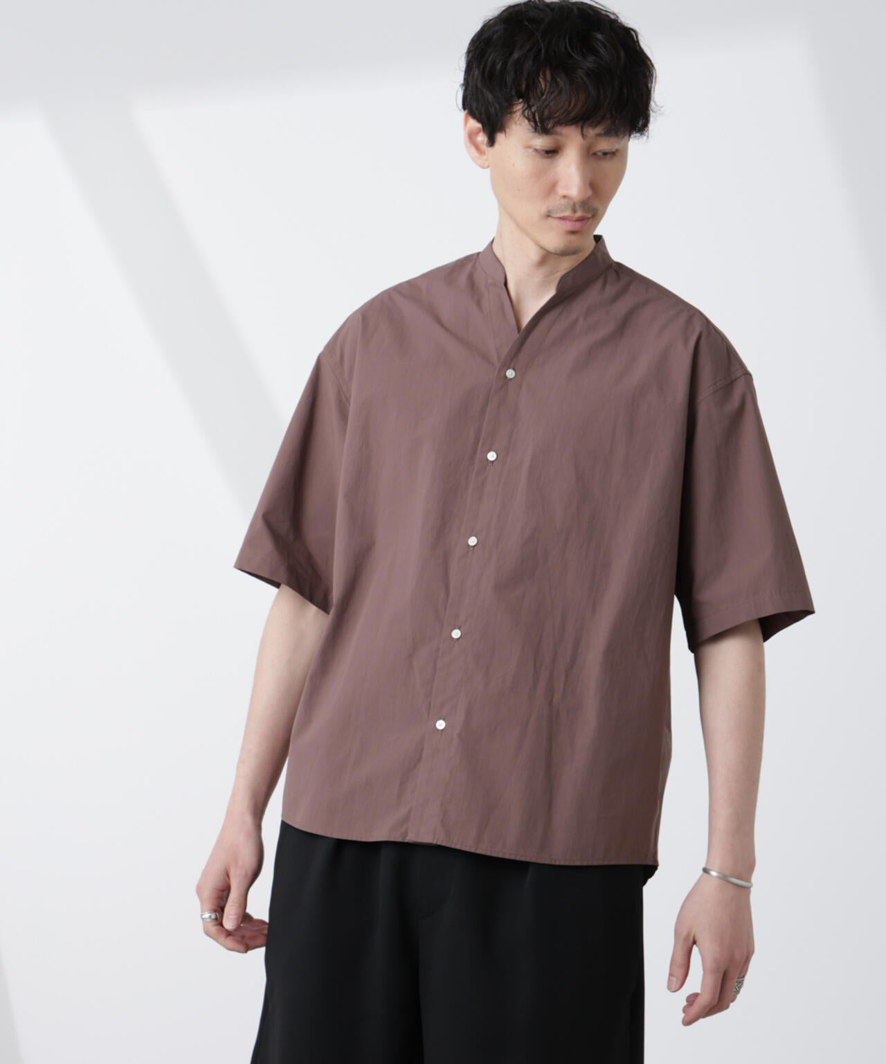 「大人のワイドシャツ」バンドカラー 半袖
