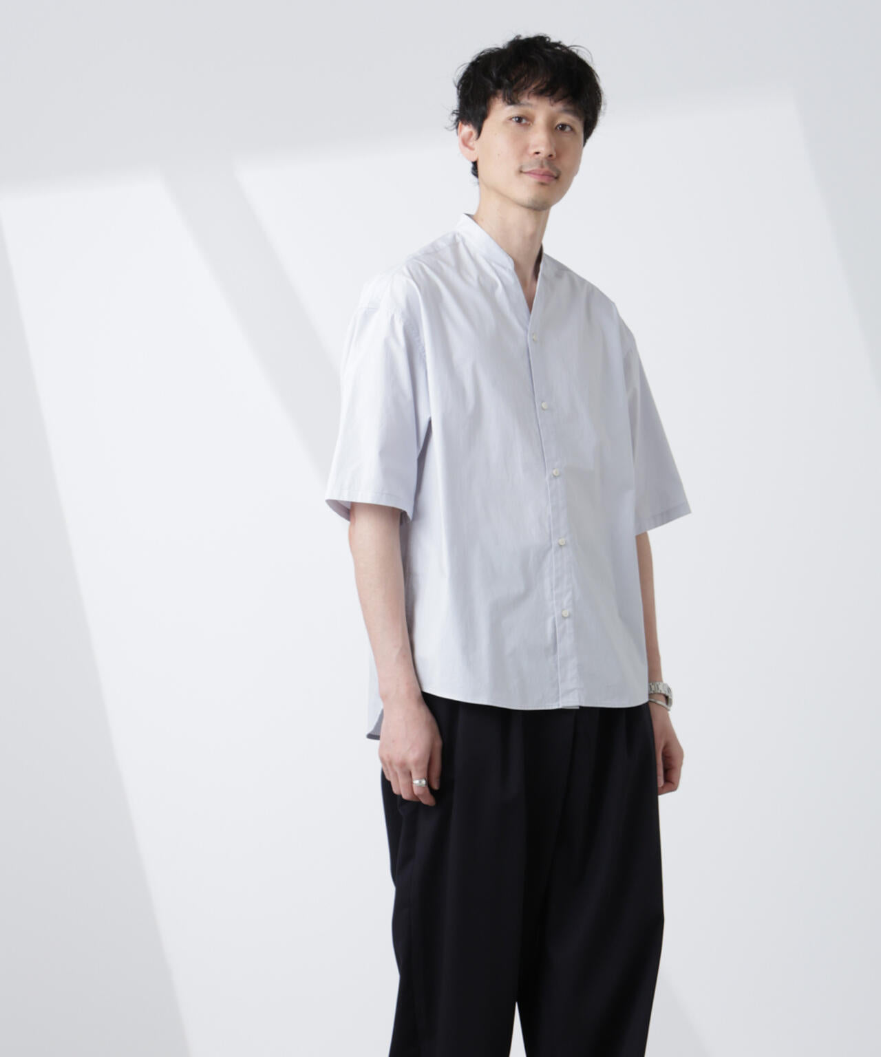 「大人のワイドシャツ」バンドカラー 半袖