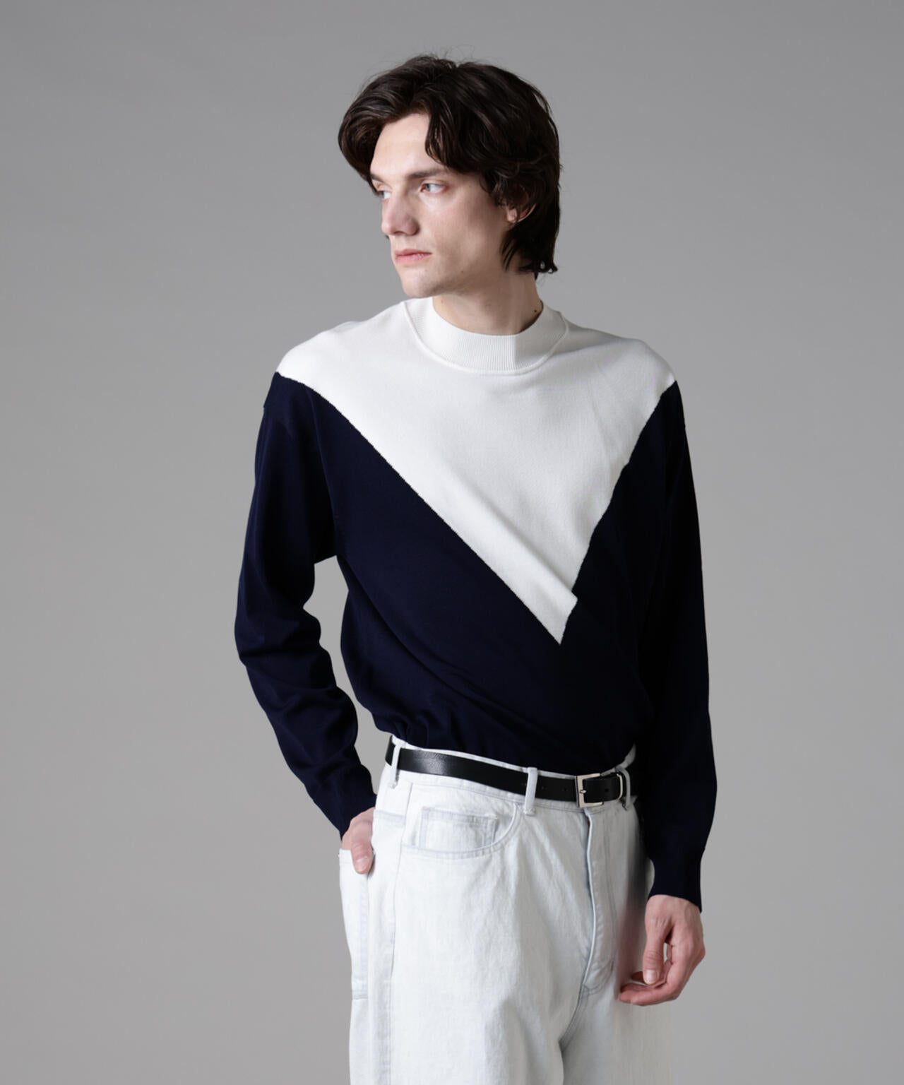 「ASSEMBLANC」シルクブレンドカラーブロックモックニット