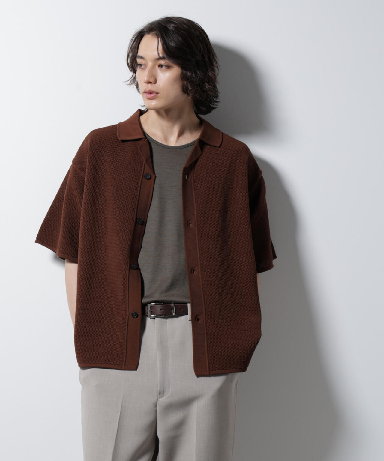 スポンディッシュ メッシュオープンカラーニットシャツ