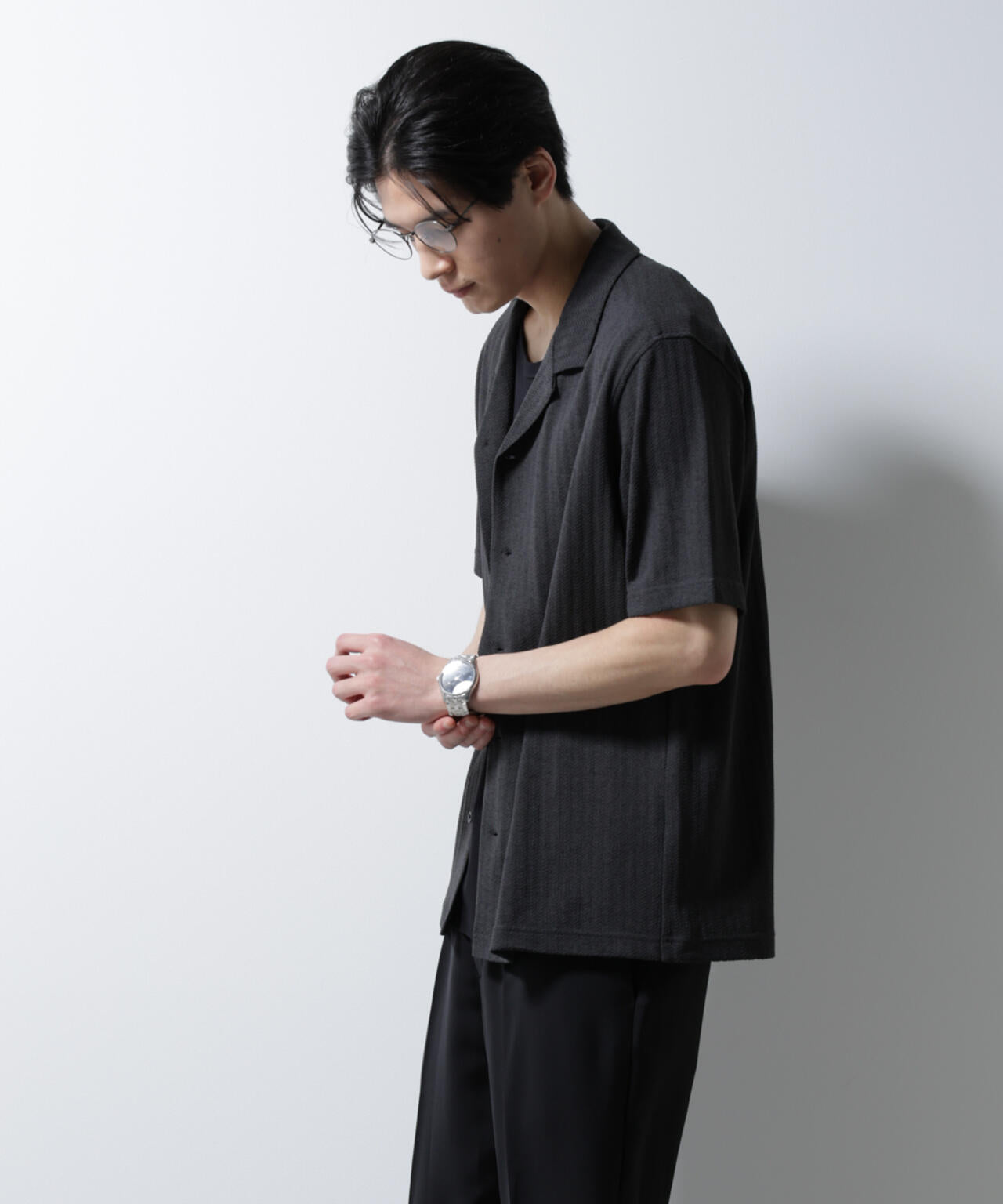 「Damerino」 ヘリンボン オープンカラーシャツ 半袖