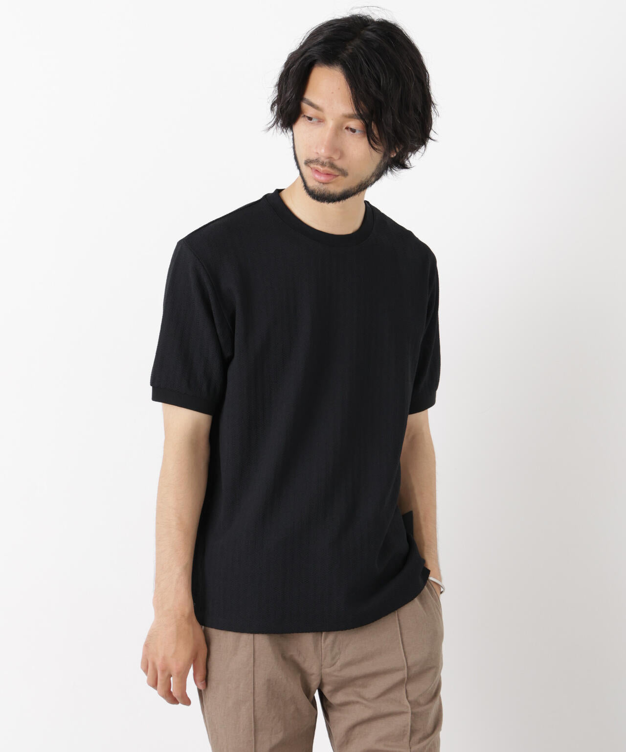 「モダンコンフォート」ヘリンボン クルーネックTシャツ 半袖