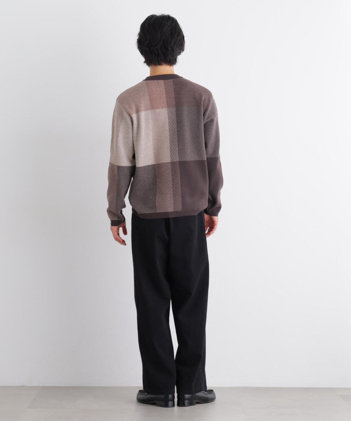 ブロックチェッククルーネックニット