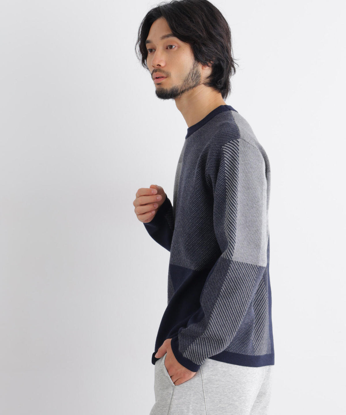 ブロックチェッククルーネックニット
