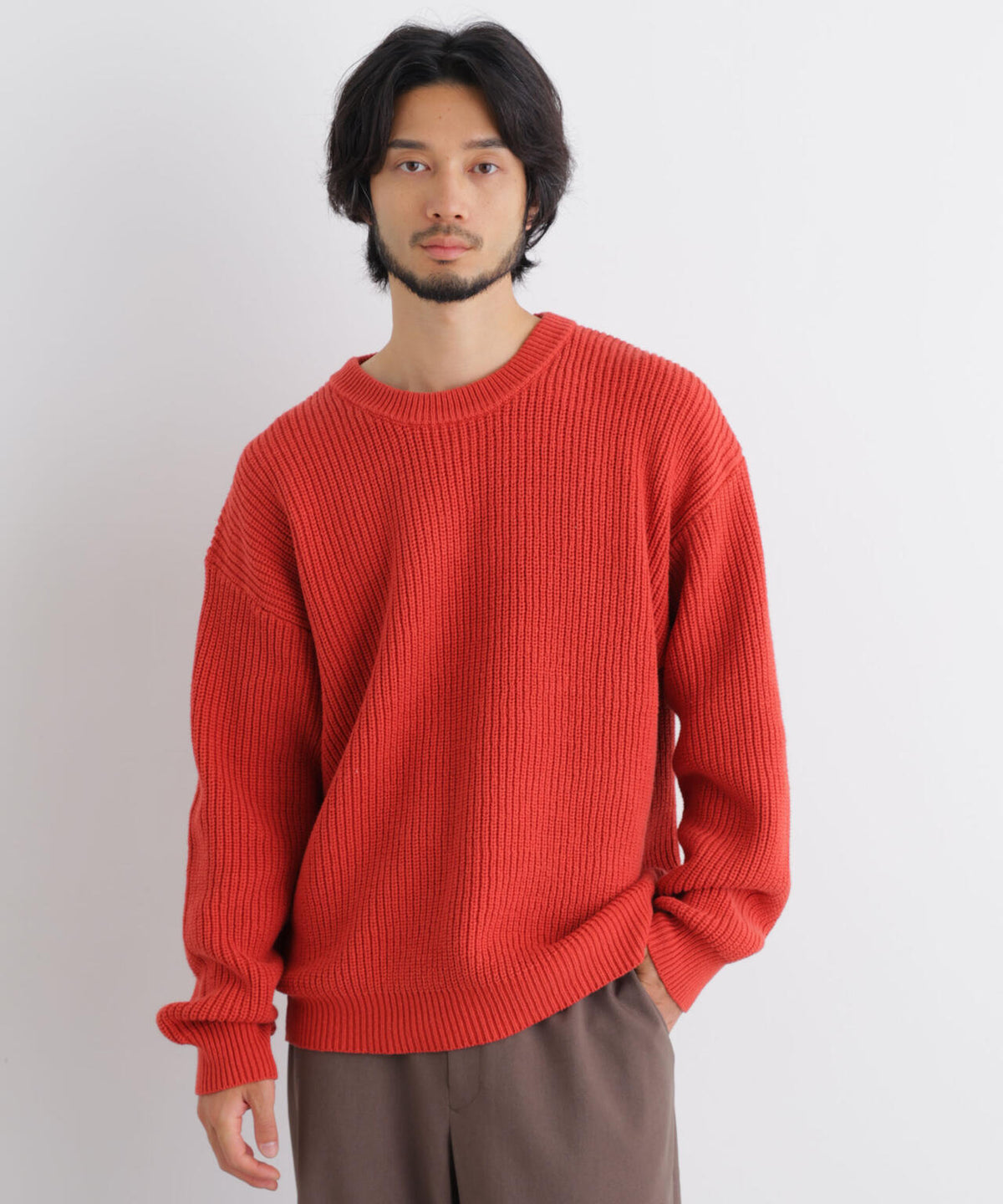 コットンMIXバルキークルーネックニット