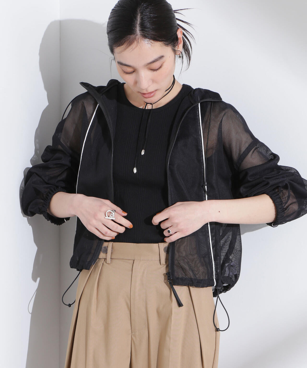 配色パイピングメッシュブルゾン