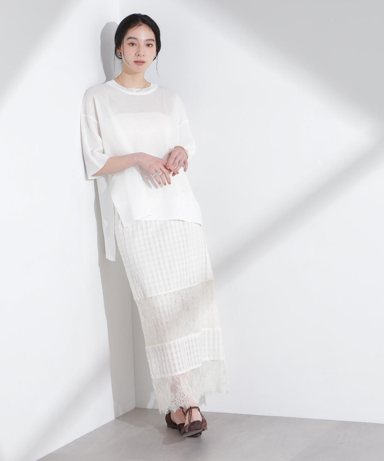 シアーチェックレースボーダーマキシスカート