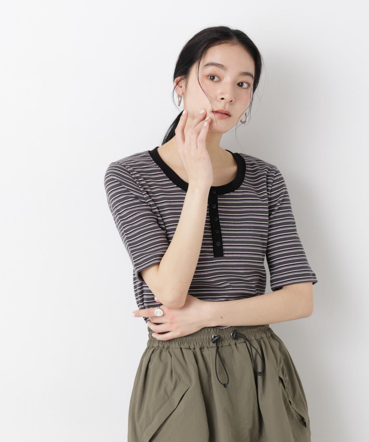 ボーダーテレコヘンリーネックTシャツ