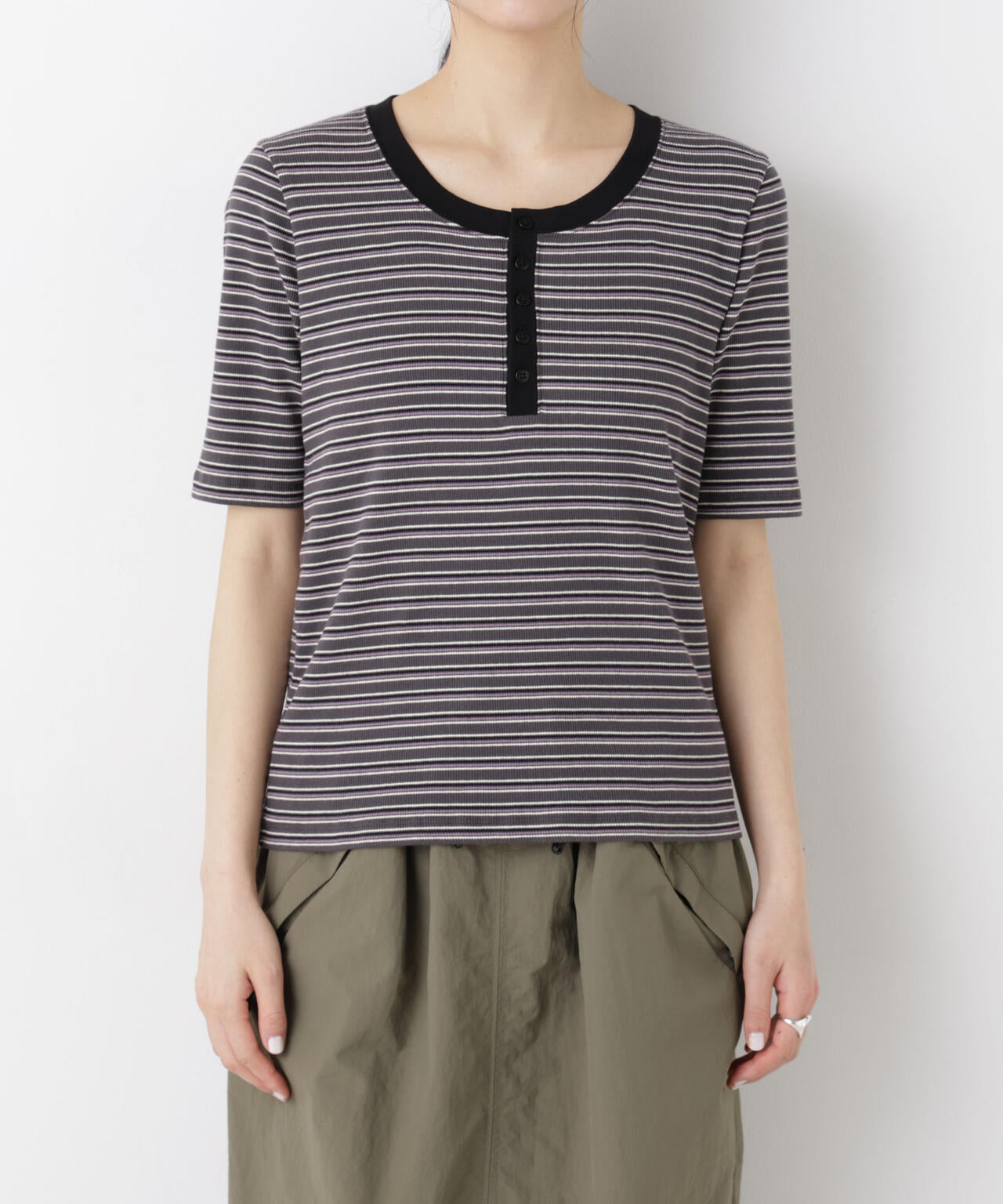 ボーダーテレコヘンリーネックTシャツ