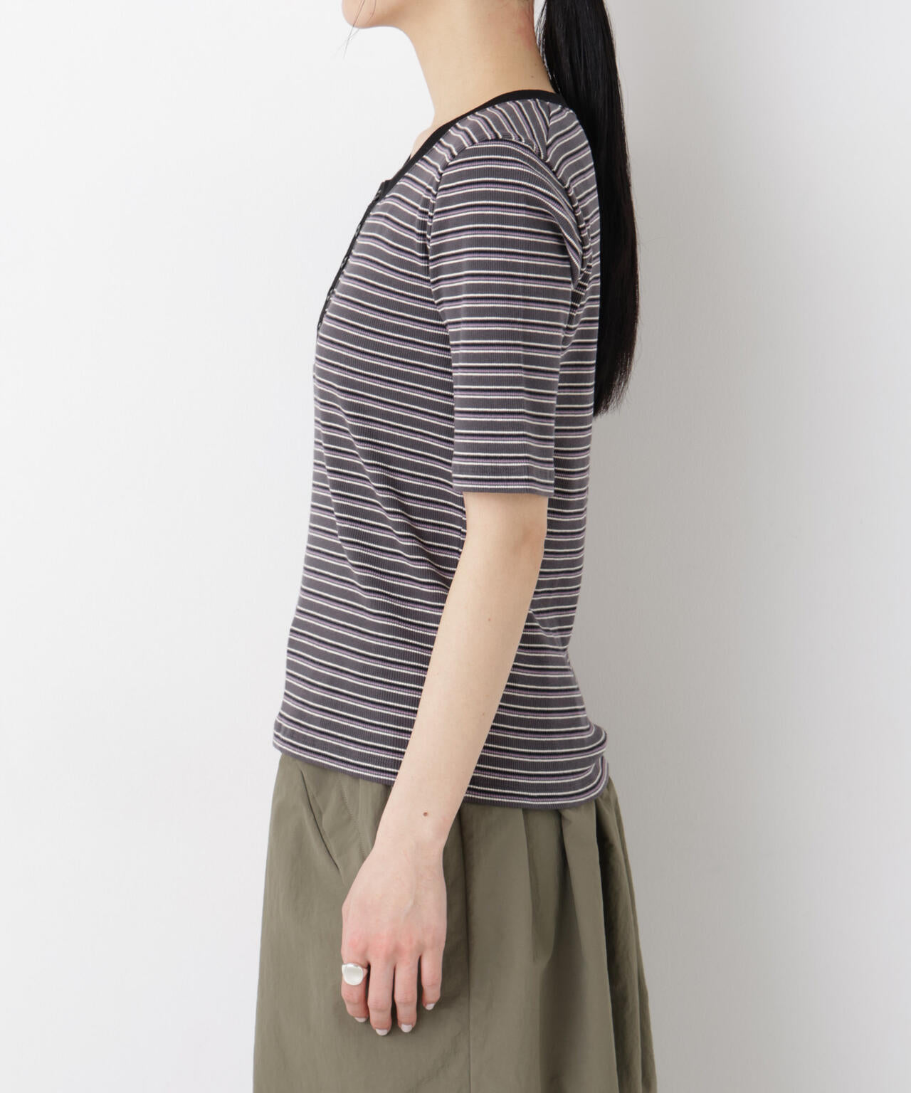 ボーダーテレコヘンリーネックTシャツ