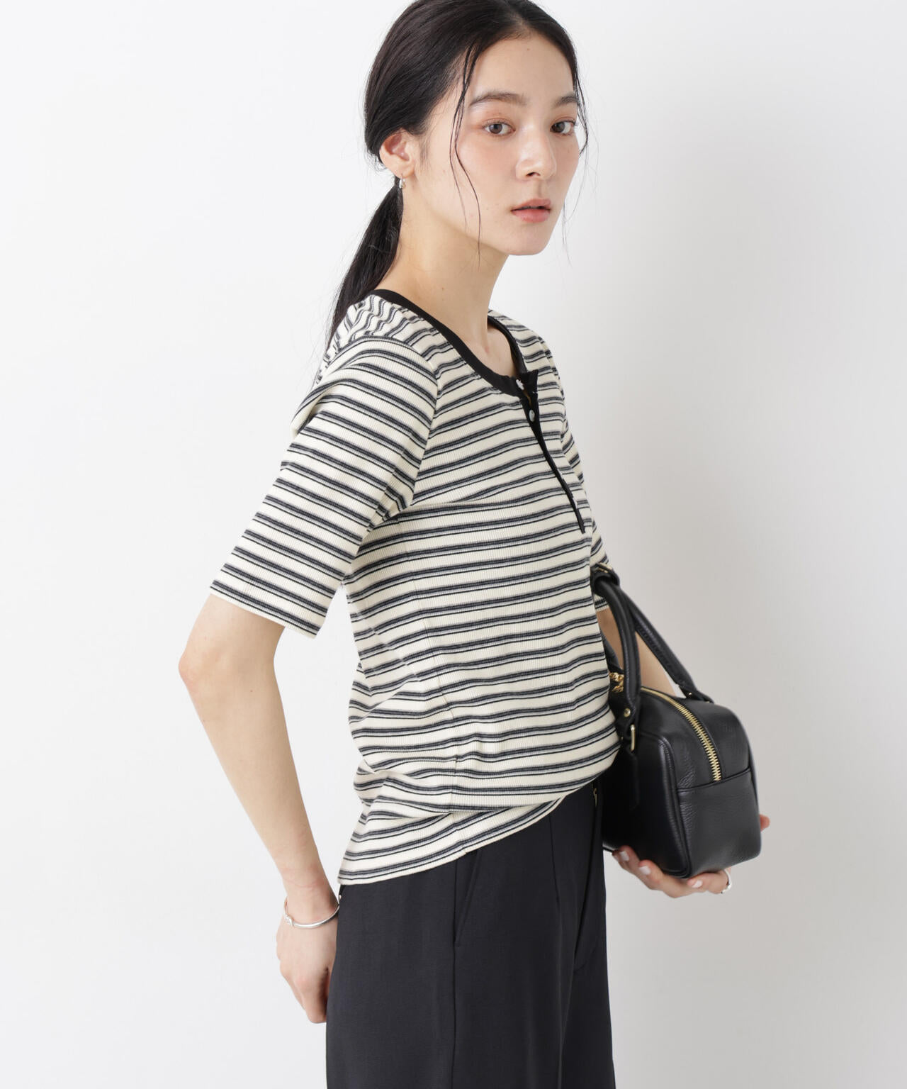 ボーダーテレコヘンリーネックTシャツ