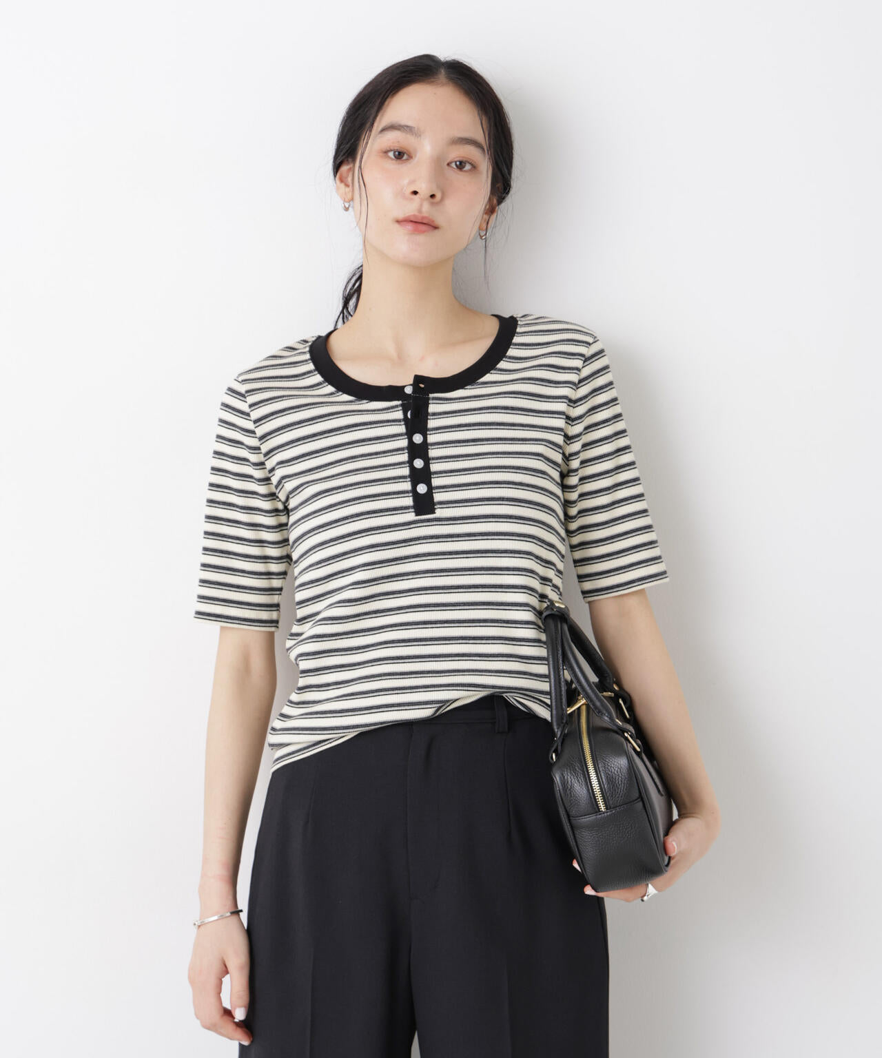 ボーダーテレコヘンリーネックTシャツ