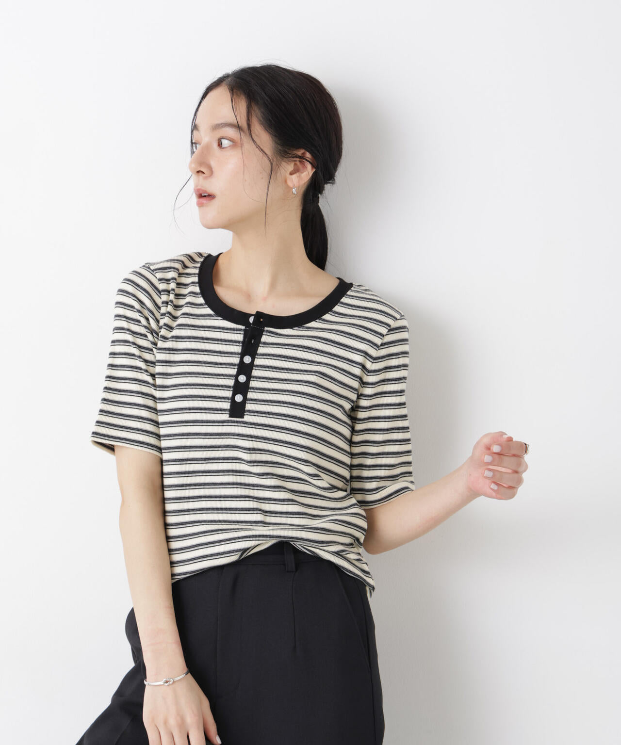 ボーダーテレコヘンリーネックTシャツ