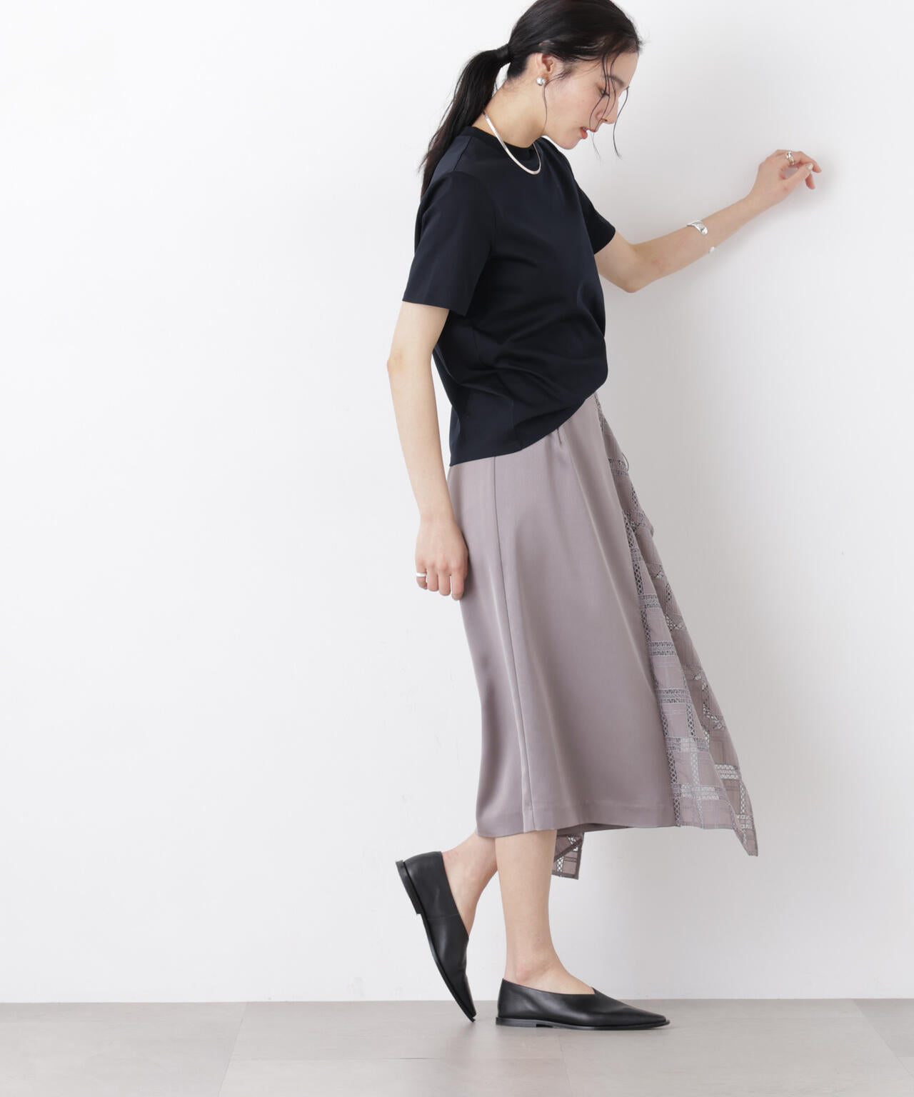 スクエアヘム刺繍レース切り替えスカート