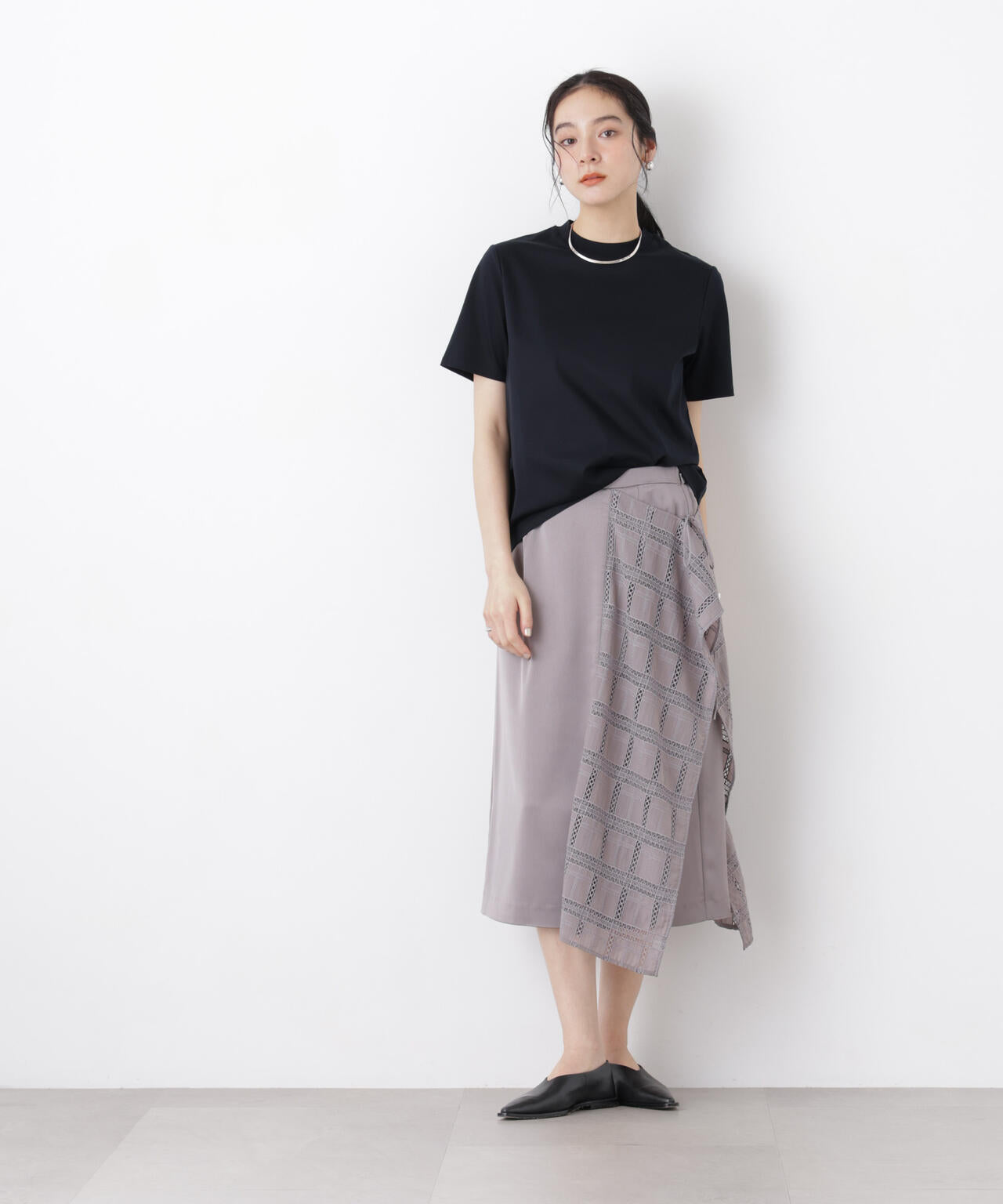 スクエアヘム刺繍レース切り替えスカート