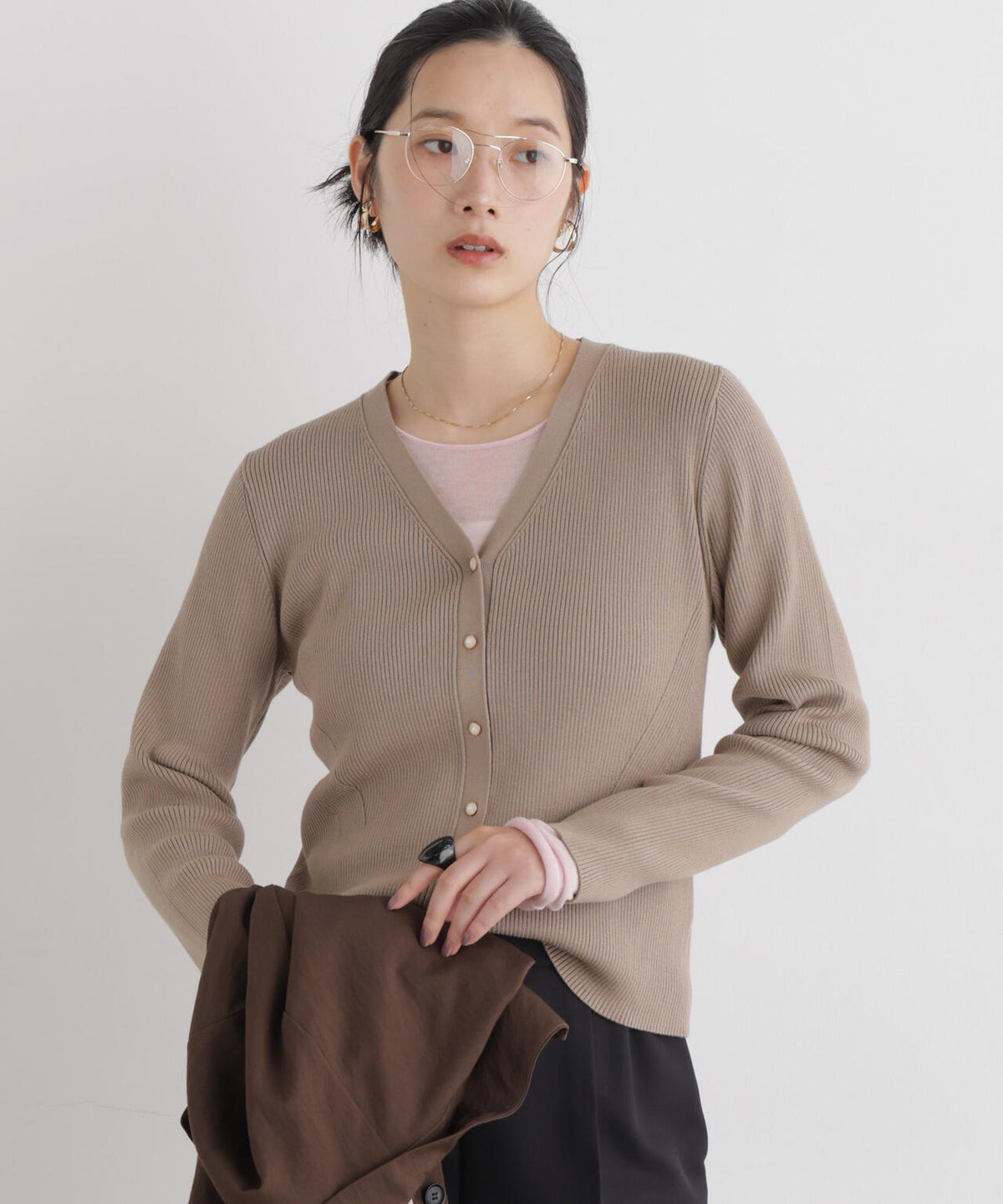 CICA&UVカット加工Vネックリブカーディガン