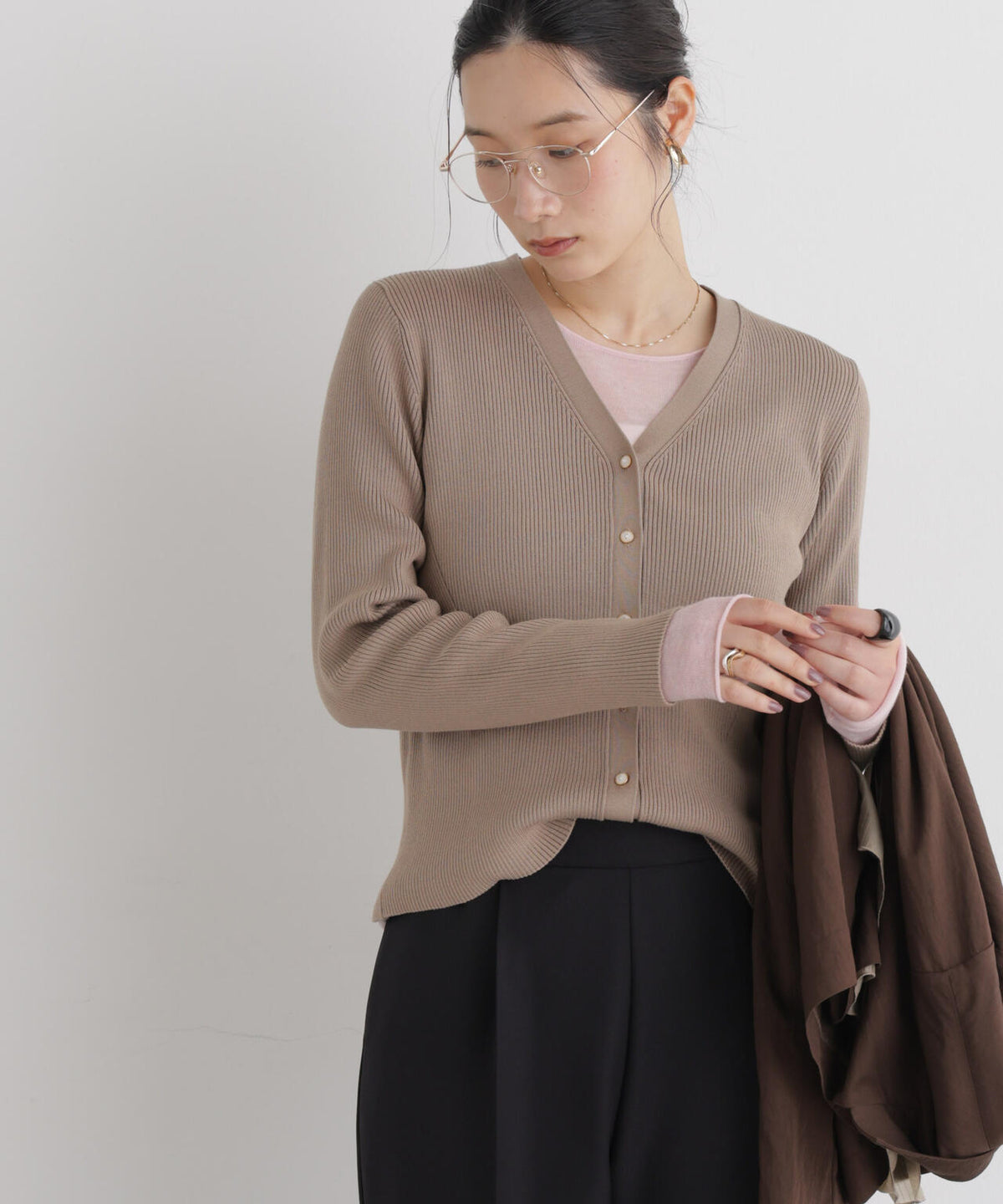 CICA&UVカット加工Vネックリブカーディガン