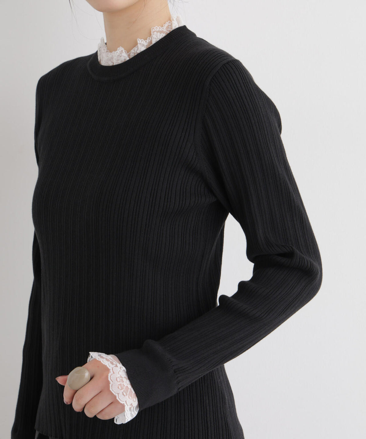 CICA&UVカット加工レースフリル付きリブニット