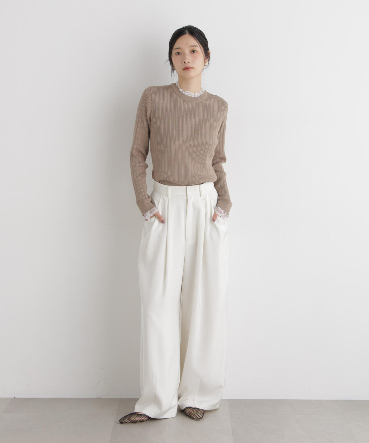 CICA&UVカット加工レースフリル付きリブニット