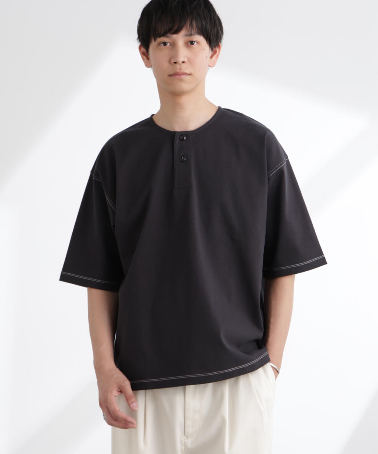 ヘビーオンスワイドヘンリーネックTシャツ 半袖