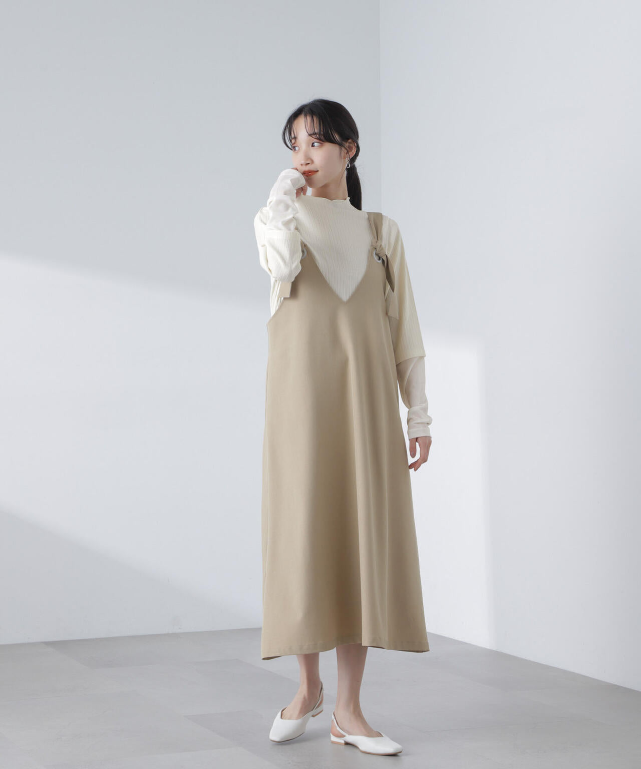 異素材コンビスリーブメロートップス