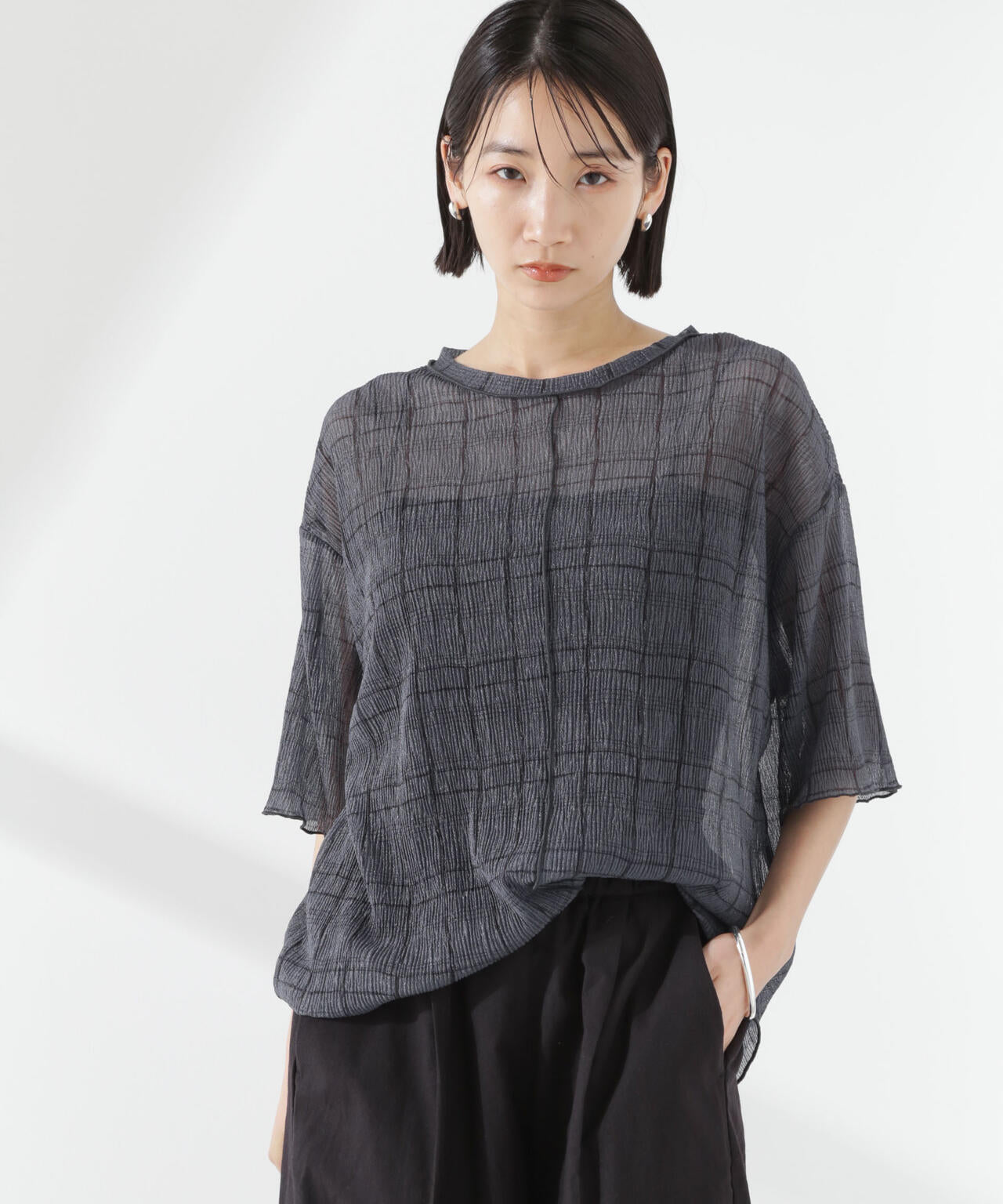楊柳チェックシアーカットTシャツ